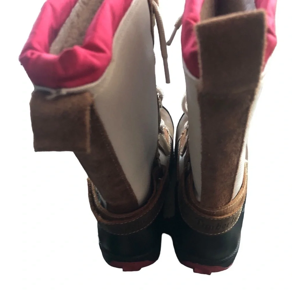 Timberland Girls Winter Boots Sz 4  Pink Cream Brown Sherpa Lined Waterproof